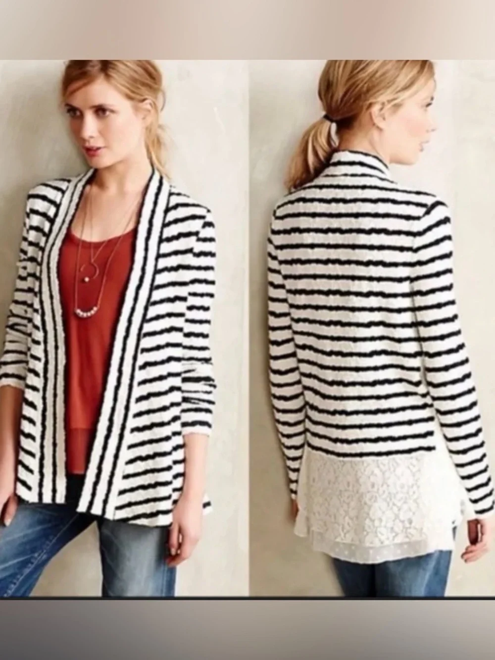 Anthropologie Postmark Black & White Striped Open Cardigan Lace Hem Large